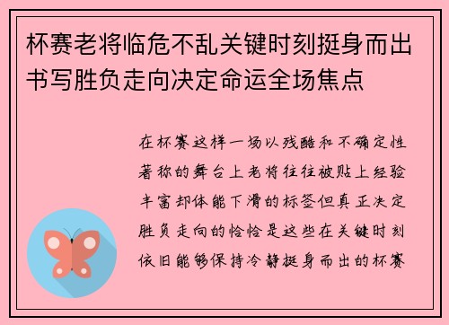 杯赛老将临危不乱关键时刻挺身而出书写胜负走向决定命运全场焦点