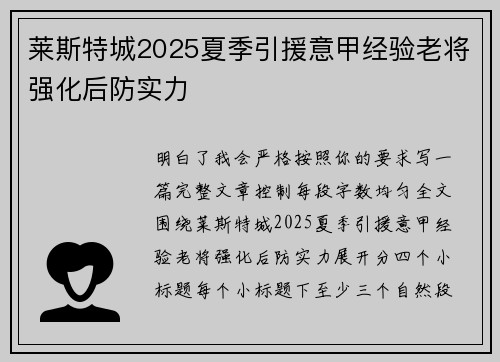 莱斯特城2025夏季引援意甲经验老将强化后防实力 莱斯特城2025夏季引援意甲经验老将强化后防实力