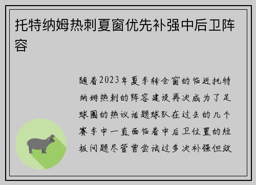 托特纳姆热刺夏窗优先补强中后卫阵容 托特纳姆热刺夏窗优先补强中后卫阵容