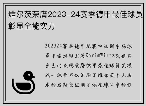 维尔茨荣膺2023-24赛季德甲最佳球员彰显全能实力 维尔茨荣膺2023-24赛季德甲最佳球员彰显全能实力